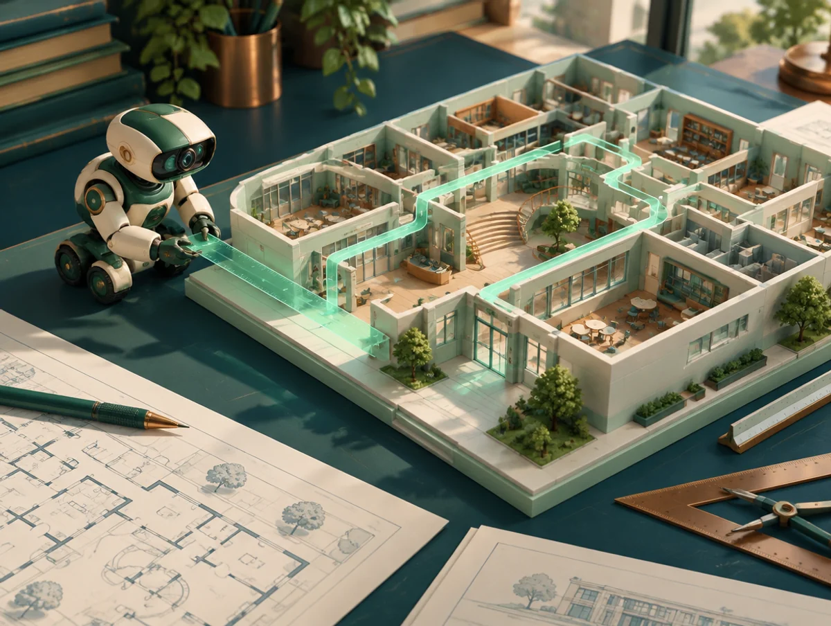 Illustration : un robot arpenteur et une maquette architecturale verte sur une table à dessin